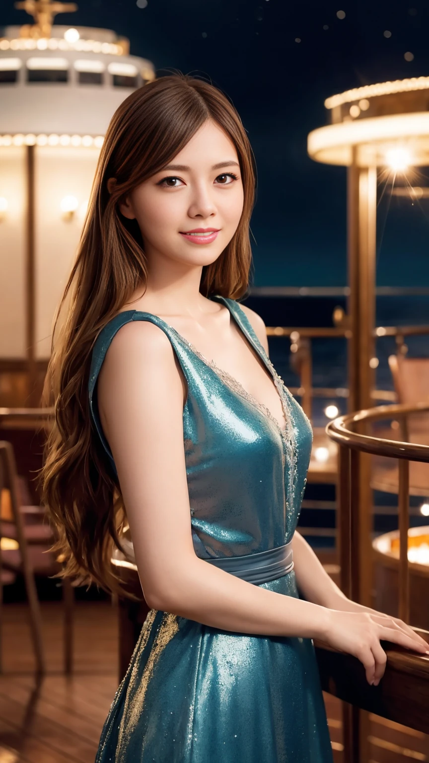 
((Tabletop:1.4, highest quality)), (Realistic photos:1.4), 
((1 girl)), (Beautiful actress), (dream-like),
(超High resolution:1.2), Very delicate and beautiful, wonderful, Very detailed CG Unity 8k wallpaper, Very detailed, High resolution, 
Soft Light, Beautiful detailed girl, Very detailedな目と顔, Beautiful and exquisite nose, Beautiful and exquisite, 
(Long dress:1.3),
Cinema Lighting, Perfect Anatomy, Slender body, Cowboy Shot, Looking at the camera, Old-fashioned smile,
(A glamorous  on the deck of a luxury cruise ship:1.3), (Night view), (Night lighting)