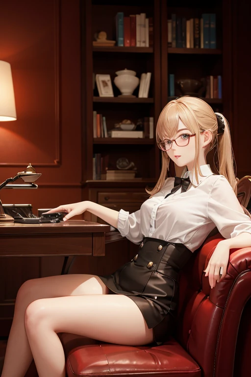 Highest quality、masterpiece、High sensitivity、High resolution、Detailed Description、Slender women、Glasses、Sitting on the sofa、Be absorbed in video games、