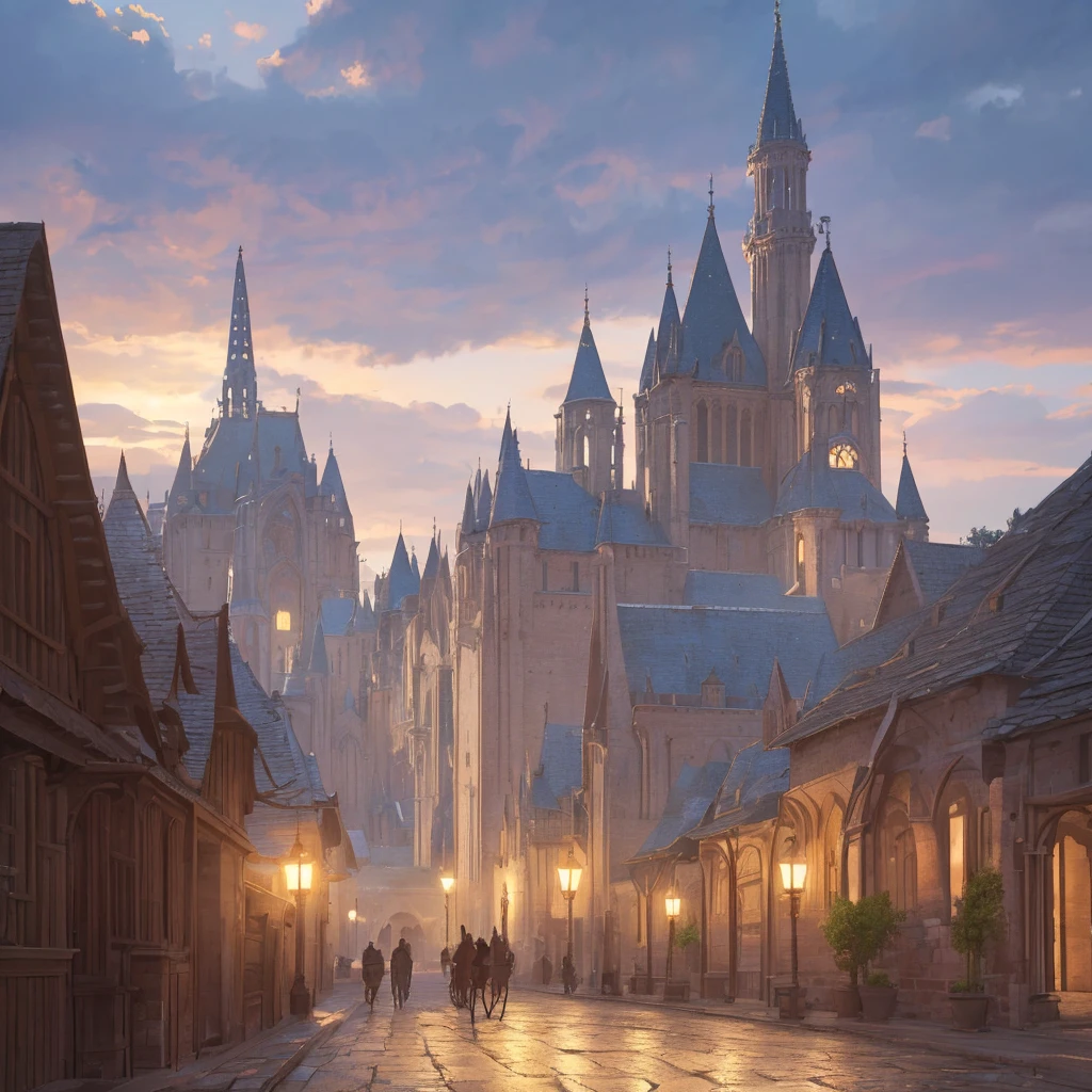 a fantasy medieval city, a distant city on the horizon, many horse-drawn wagons traveling towards the city, detailed architecture, intricate rooftops, cobblestone streets, warm lighting, atmospheric haze, (best quality,4k,8k,highres,masterpiece:1.2),ultra-detailed,(realistic,photorealistic,photo-realistic:1.37),cinematic composition,dramatic lighting,muted color palette,moody atmosphere