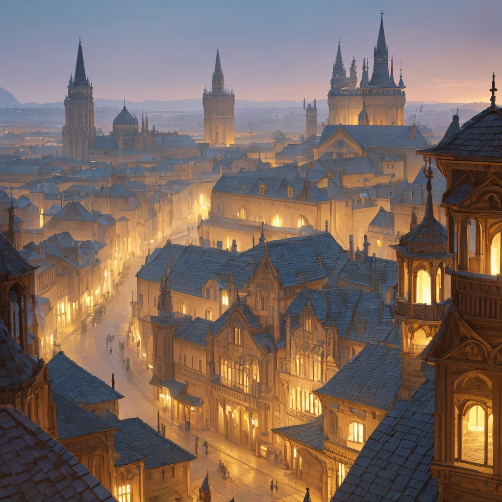 a fantasy medieval city, a distant city on the horizon, many horse-drawn wagons traveling towards the city, detailed architecture, intricate rooftops, cobblestone streets, warm lighting, atmospheric haze, (best quality,4k,8k,highres,masterpiece:1.2),ultra-detailed,(realistic,photorealistic,photo-realistic:1.37),cinematic composition,dramatic lighting,muted color palette,moody atmosphere