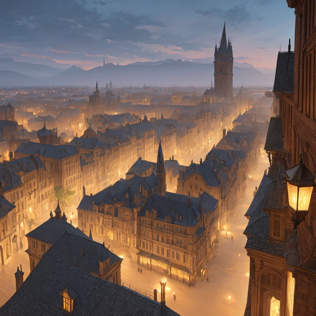 a fantasy medieval city, a distant city on the horizon, many horse-drawn wagons traveling towards the city, detailed architecture, intricate rooftops, cobblestone streets, warm lighting, atmospheric haze, (best quality,4k,8k,highres,masterpiece:1.2),ultra-detailed,(realistic,photorealistic,photo-realistic:1.37),cinematic composition,dramatic lighting,muted color palette,moody atmosphere