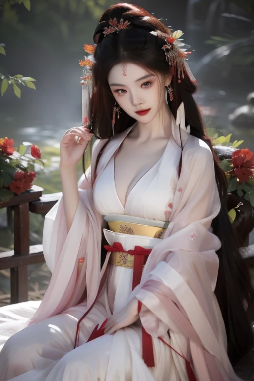 One person is wearing a red dress.、Close-up of woman with red flower hair, ((beautiful fantasy queen)), beautiful fantasy queen, Inspiration from Lan Ying, Inspiration from Qiu Ying, Whole Xianxia, queen of china, Inspiration from Julian, palace ， Young woman wearing a hanfu costume, Inspiration from Huang Ji, Inspired by Wang Meng
