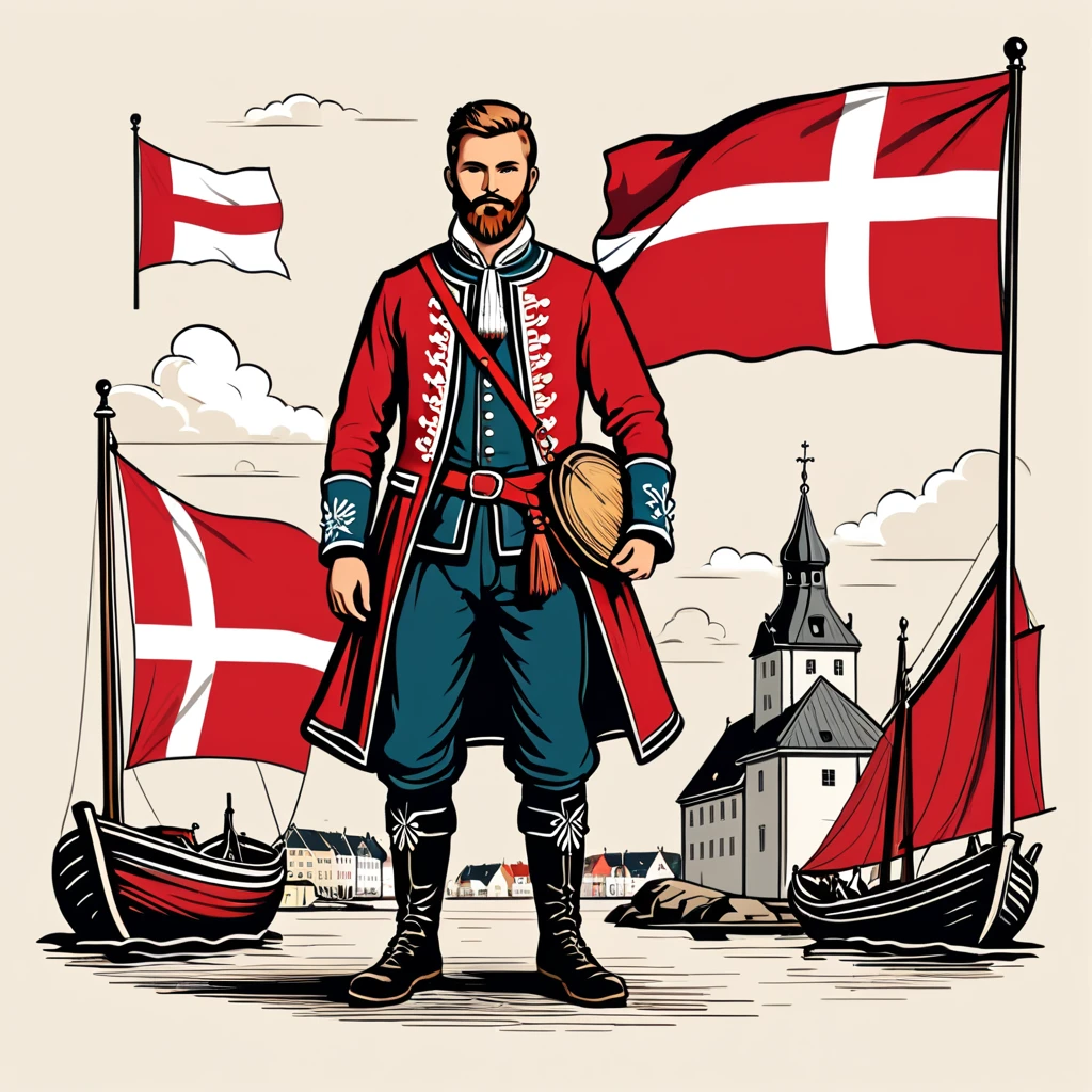 man in denmark folk outfit, vector graphics, strong contours