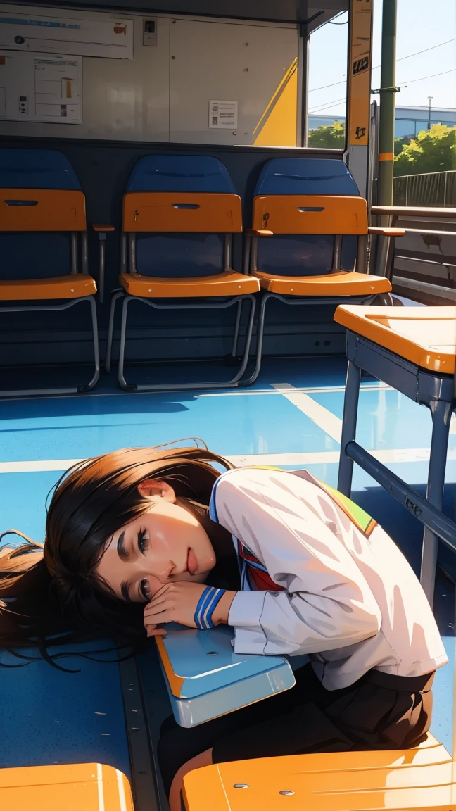 Chairs on the station platform,Lying down,Are sleeping,beautiful girl,Front view, UHD Portrait, (high quality) (Super detailed) ,Female High School Students,uniform, colorful, Long hair in color 🌈