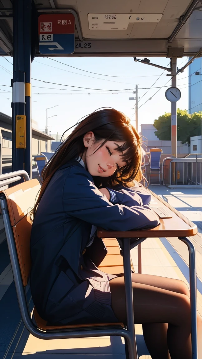 Chairs on the station platform,Lying down,Are sleeping,beautiful girl,Front view, UHD Portrait, (high quality) (Super detailed) ,Female High School Students,uniform, colorful, Long hair in color 🌈