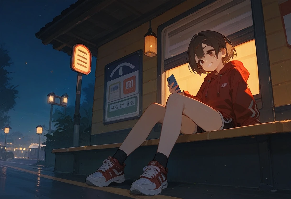 anime girl, brown hair, red hoodie, short hair, shorts, sneakers, sitting down, night time, dramatic lighting, looking at phone, bus stop, smiling