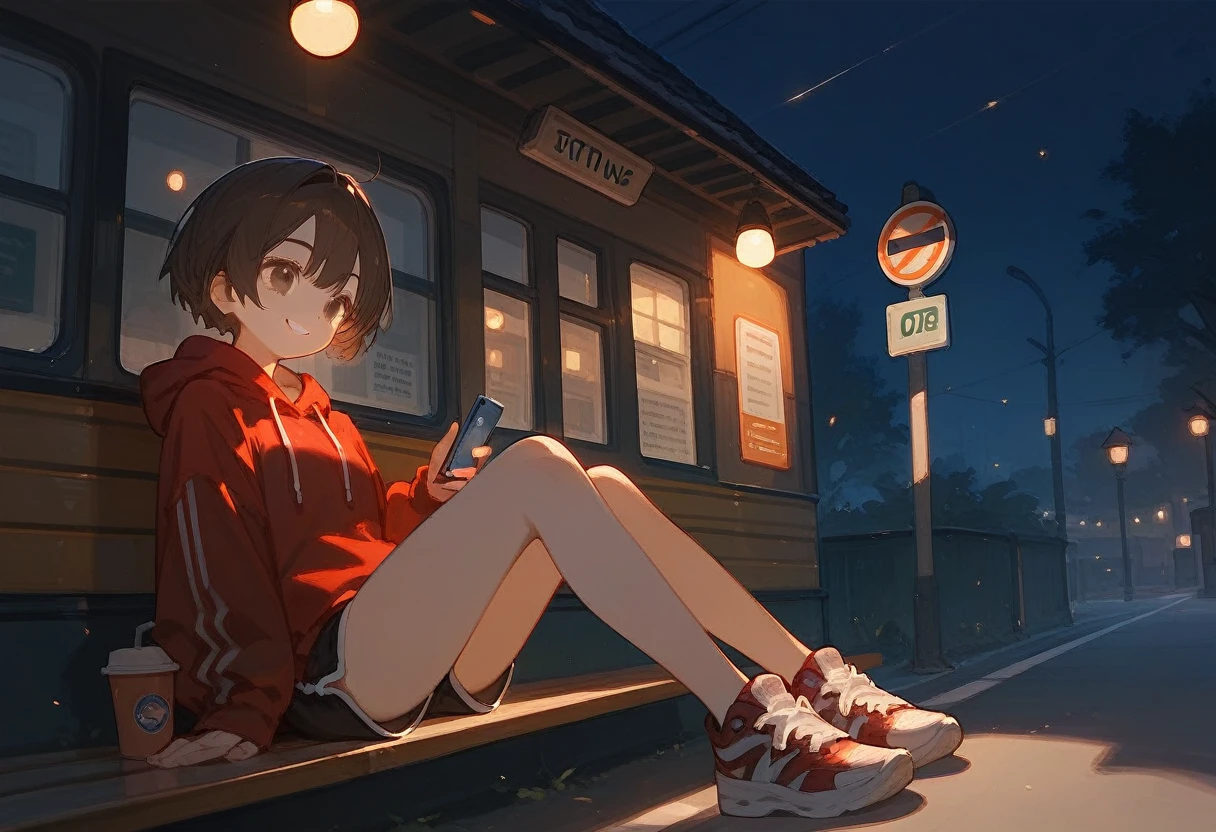 anime girl, brown hair, red hoodie, short hair, shorts, sneakers, sitting down, night time, dramatic lighting, looking at phone, bus stop, smiling