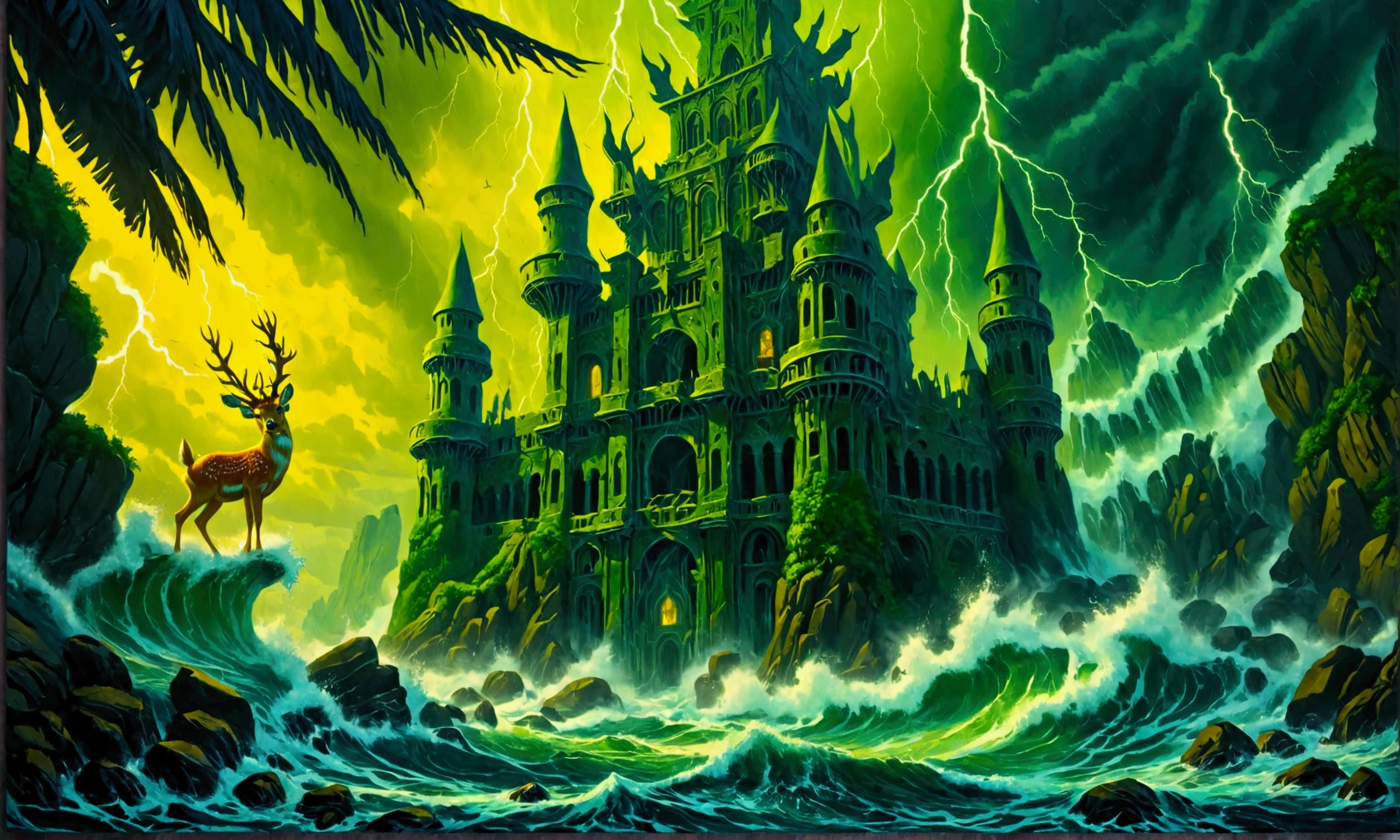 (Mysterious eerie citadel with intricate architecture:1.2) on rocks of tropical island))), crushing waves, yellow-green thunderstorm, (eerie deer in front:1.2) masterpiece in maximum 16K resolution, best quality, ultra detailed, aesthetics, absurdes.
