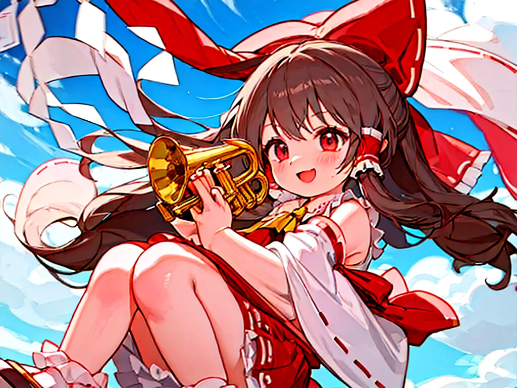 anatomically correct, high quality, 8k,cute girl,reimu,play trumpet,reimu playing trumpet,smile, fine sky background
