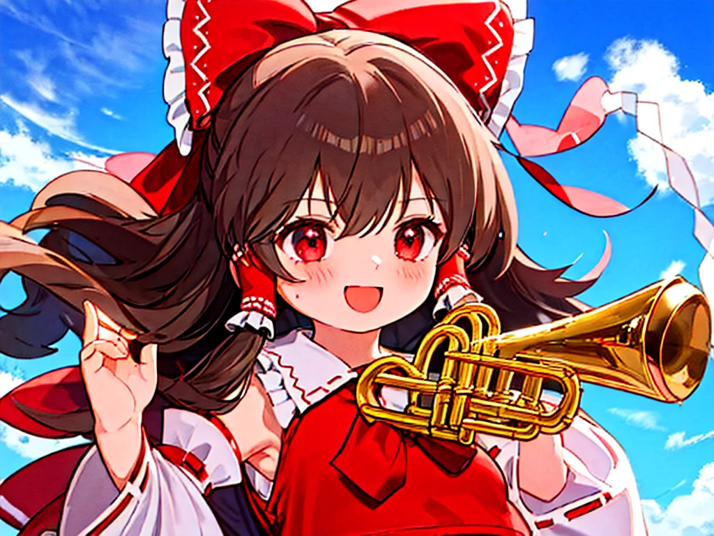 anatomically correct, high quality, 8k,cute girl,reimu,play trumpet,reimu playing trumpet,smile, fine sky background
