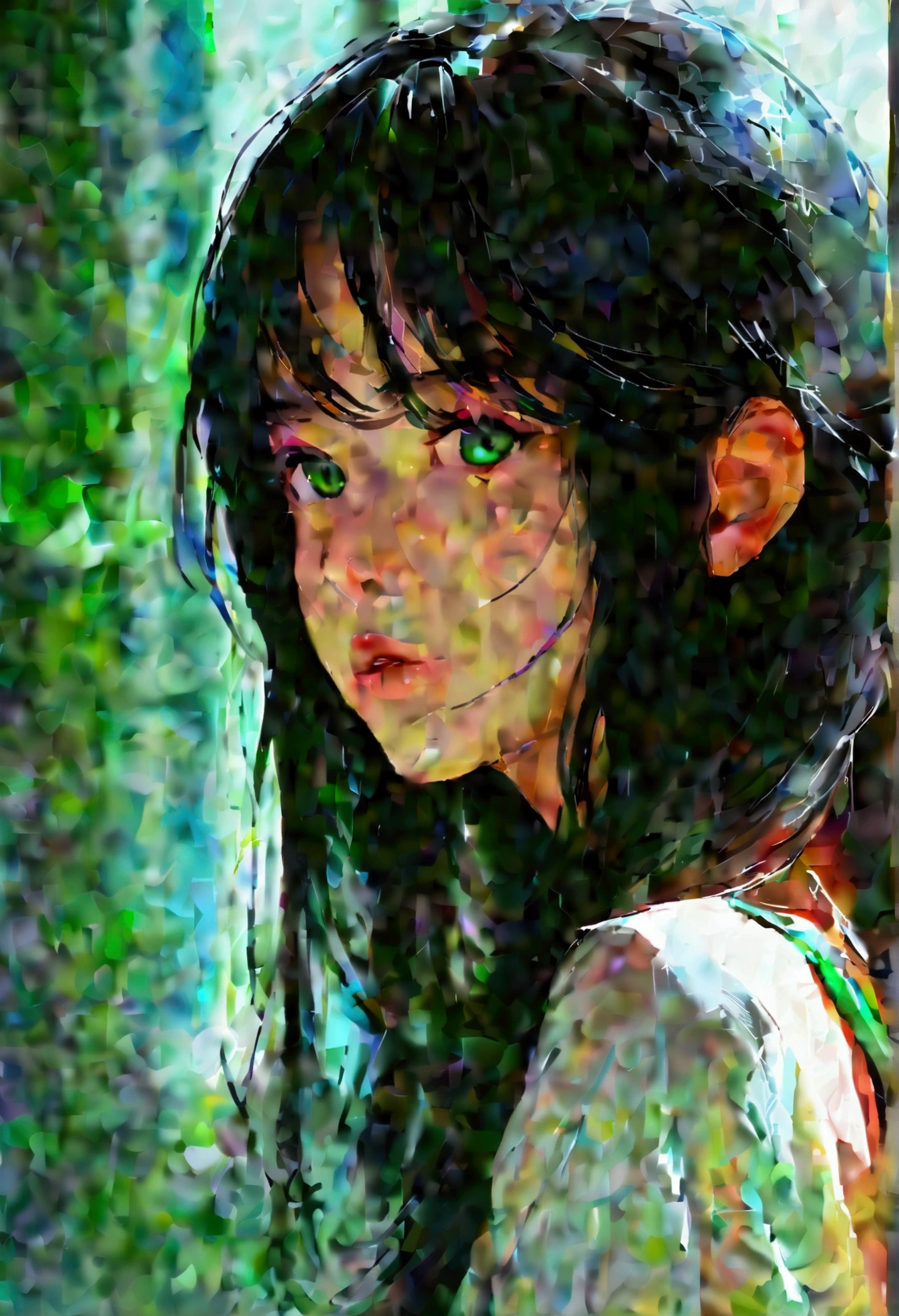Anime girl, Long black hair, green eyes,aesthetic body,casual wear