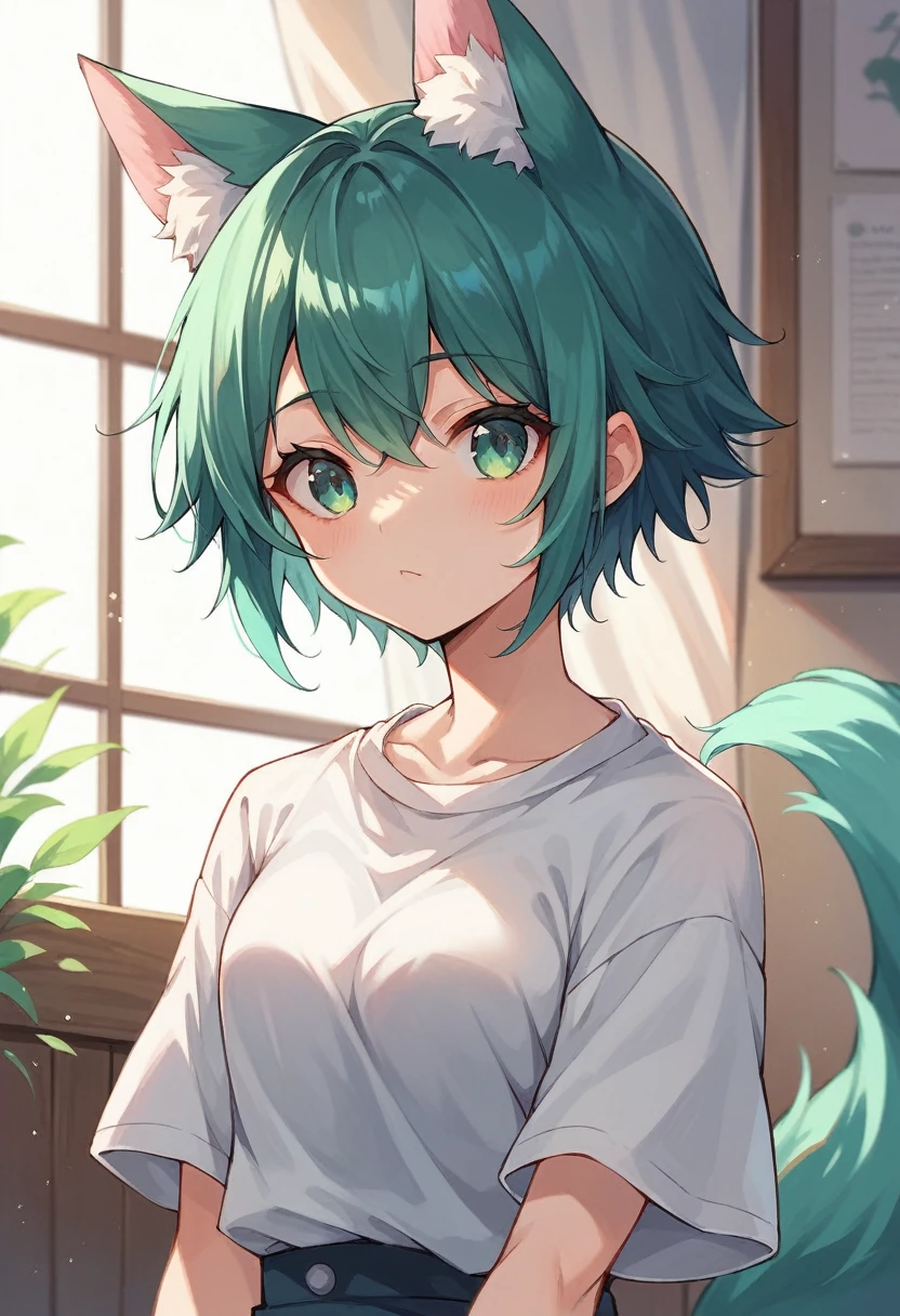 a closeup of a cartoon character with fox ears, fox girl, mikudayo, anime moe art style, Cat Mimi, short hair, anime girl with teal hair