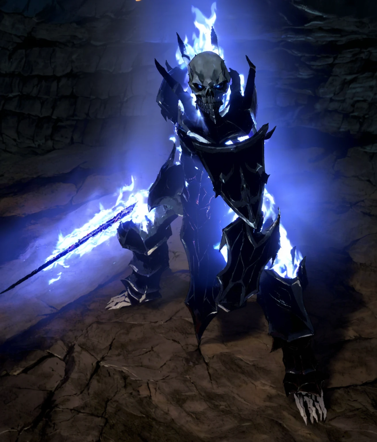 Demon knight with sword and shining armor in dark cave, path of exile, Lich Demon Mage Class, Flame Magic Gloves, black fire colored reflective armor, Berserk Skull Knight Black Armor, in the dark soul, wizard fighting ghouls, the hydra from path of exile, blue firepower, dark soul boss, dark soul concept, Dark Soul Armor Concept, dark souls characters