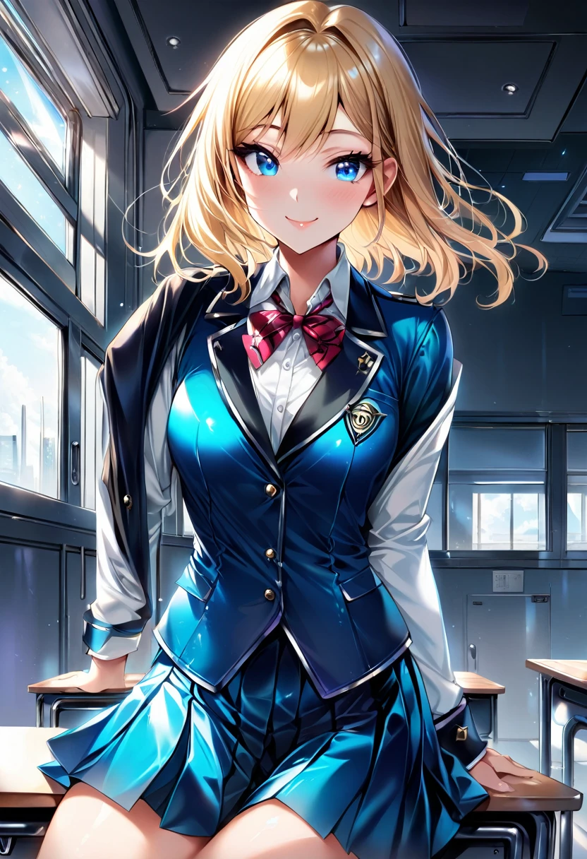 1girl, 18years old,student,blonde hair, blue eyes, school uniforom,collared shirt, pleats skirt,bowtie, classroom, sitting on the desk,seductive posture,smile,masterpiece, best quality, absurdres, cowboy shot, airbrush art style, smooth gradients, soft edges, fine mist effect, seamless color transitions, subtle shading, ethereal glow, metallic sheen, high gloss finish, hyper-realistic details, vivid colors, spray paint texture, slight overspray, stencil-like precision, futuristic feel, automotive paint quality, slight speckling effect
