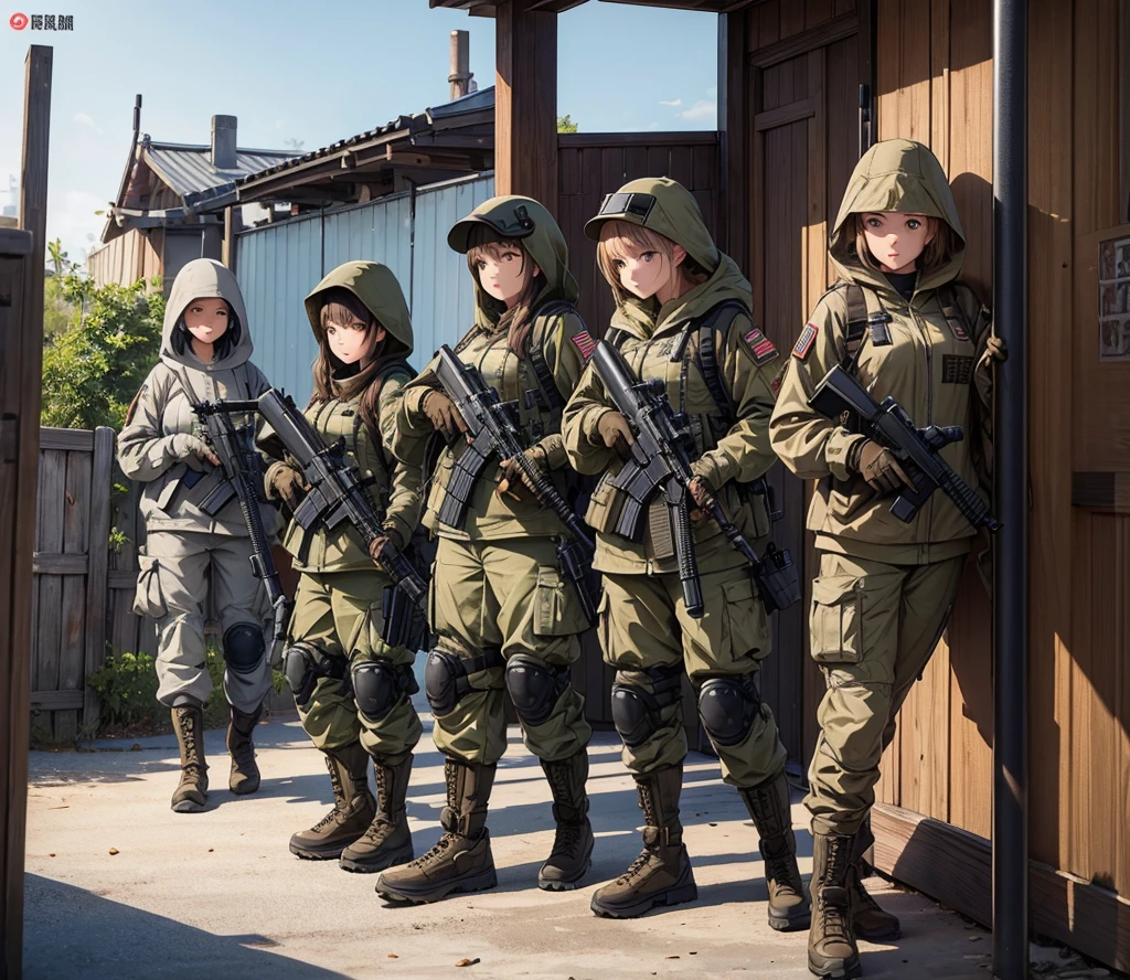 A group of female soldiers with guns,All wear brown M-51 hooded military uniforms、Hooded on head、Magazine Pouch、Military Pants、Knee pads,Write details、masterpiece、best quality、Highly detailed CG、8K picture quality