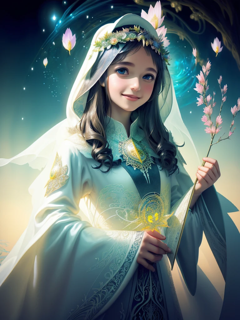 smiling face Subtle girl with flowers Wearing a veil, full dress, full robe, ethereal fantasy concept art of intricate paper quilled , vibrant, beautiful paper quills, hyper detailed, insane depth, gorgeous composition, chaotic but orderly . magnificent, celestial, ethereal, painterly, epic, majestic, magical, fantasy art, cover art, dreamy . magnificent, celestial, ethereal, painterly, epic, majestic, magical, fantasy art, cover art, dreamy