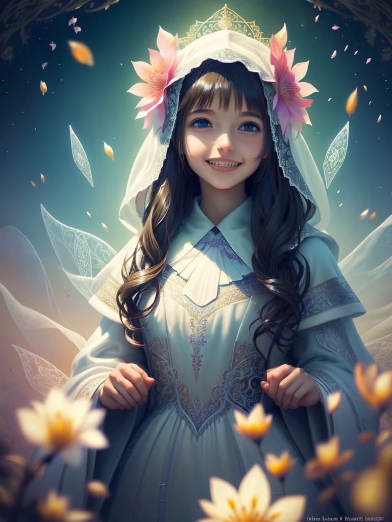 smiling face Subtle girl with flowers Wearing a veil, full dress, full robe, ethereal fantasy concept art of intricate paper quilled , vibrant, beautiful paper quills, hyper detailed, insane depth, gorgeous composition, chaotic but orderly . magnificent, celestial, ethereal, painterly, epic, majestic, magical, fantasy art, cover art, dreamy . magnificent, celestial, ethereal, painterly, epic, majestic, magical, fantasy art, cover art, dreamy