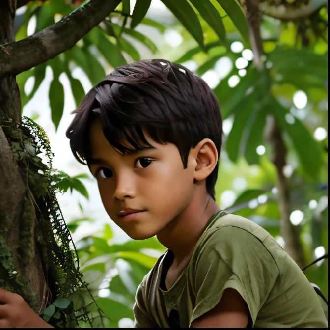 medium shot body a boy small child, around 7 years old, with wide, curious eyes and tousled hair. The child's face shows a mix of awe and fear, reflecting the beauty of the jungle and their worry about being lost.