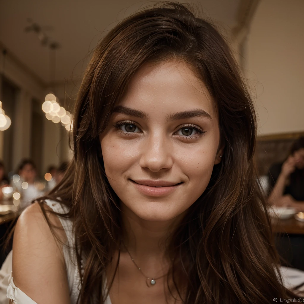 photographie d’une femme de 20 ans,light brown hair, visage parfait, masterpiece,instaphoto,Latin, un grain de beauté sur ma joue droite, Photorealistic,8k, a sweet smile,jupe noire,dîner romantique dans un restaurant,thoughtful