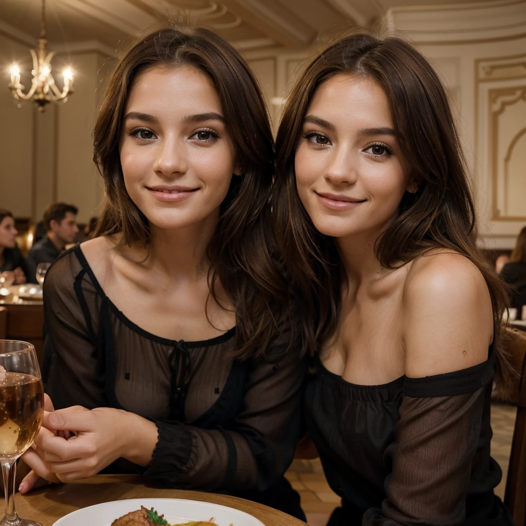 photographie d’une femme de 20 ans,light brown hair, visage parfait, masterpiece,instaphoto,Latin, un grain de beauté sur ma joue droite, Photorealistic,8k, a sweet smile,jupe noire,dîner romantique dans un restaurant,thoughtful