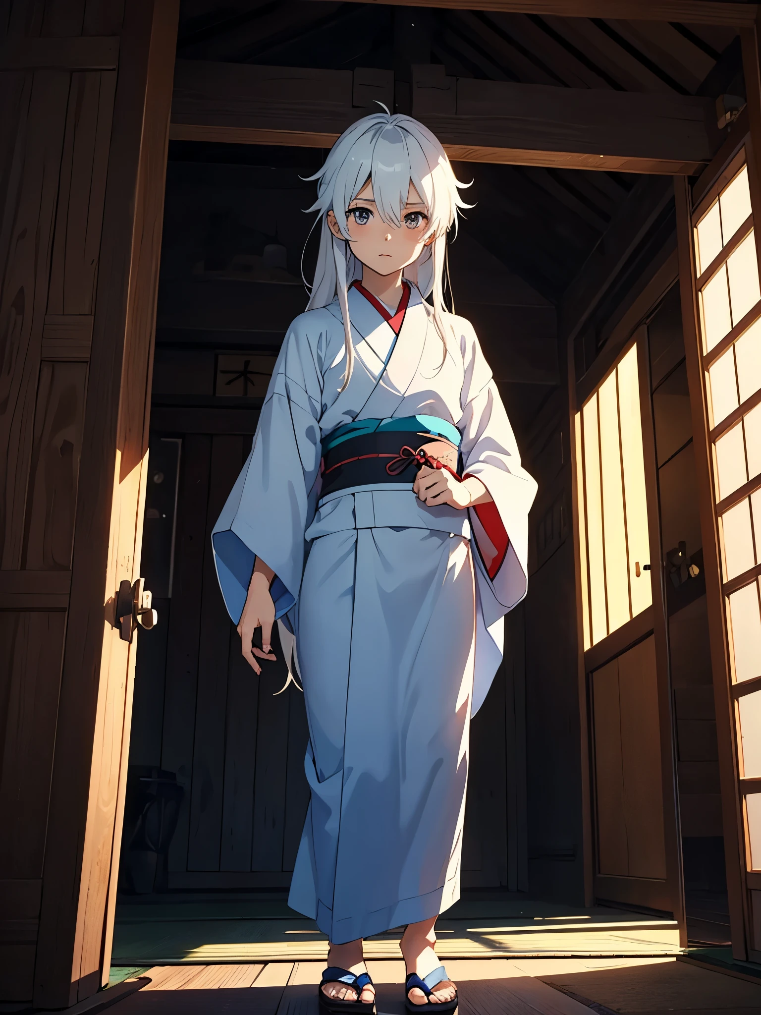 With rabbit. More anime. boy. tao. masculine. Boy. Long hair. White hair. Japanese Gate. Tori. kimono. . More anime. light blue light. Bright bright light.