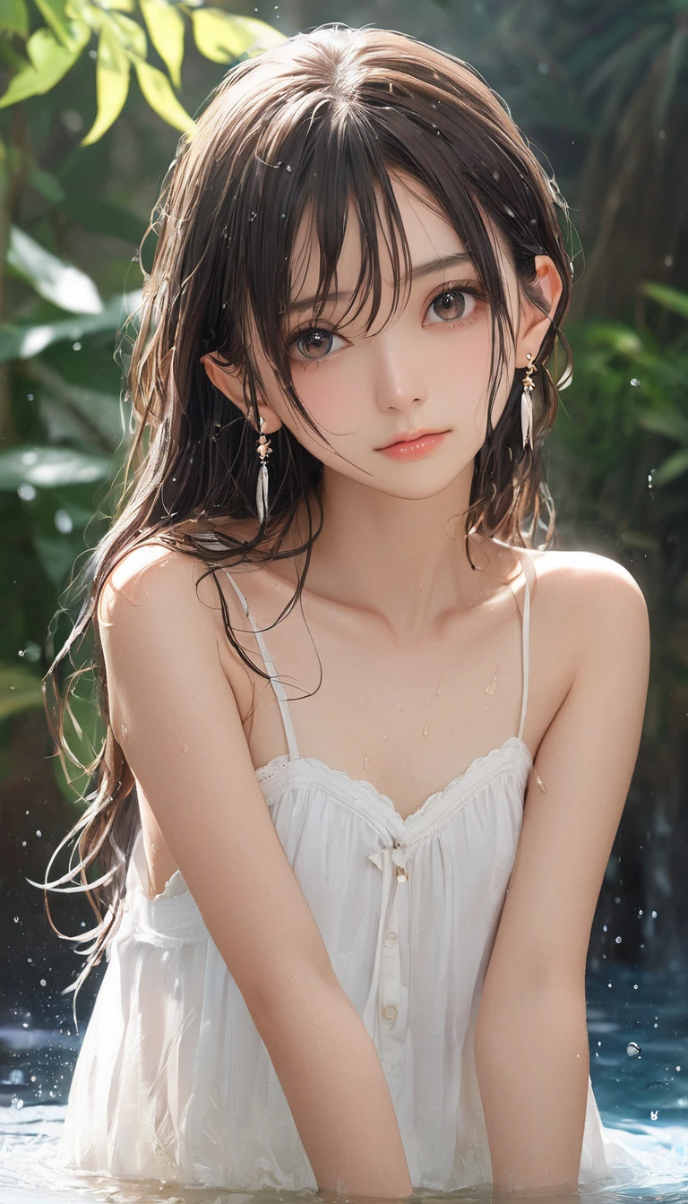 (masterpiece, Highest quality:1.2), One girl, alone,bony body、15 years old、wet hair、Earrings