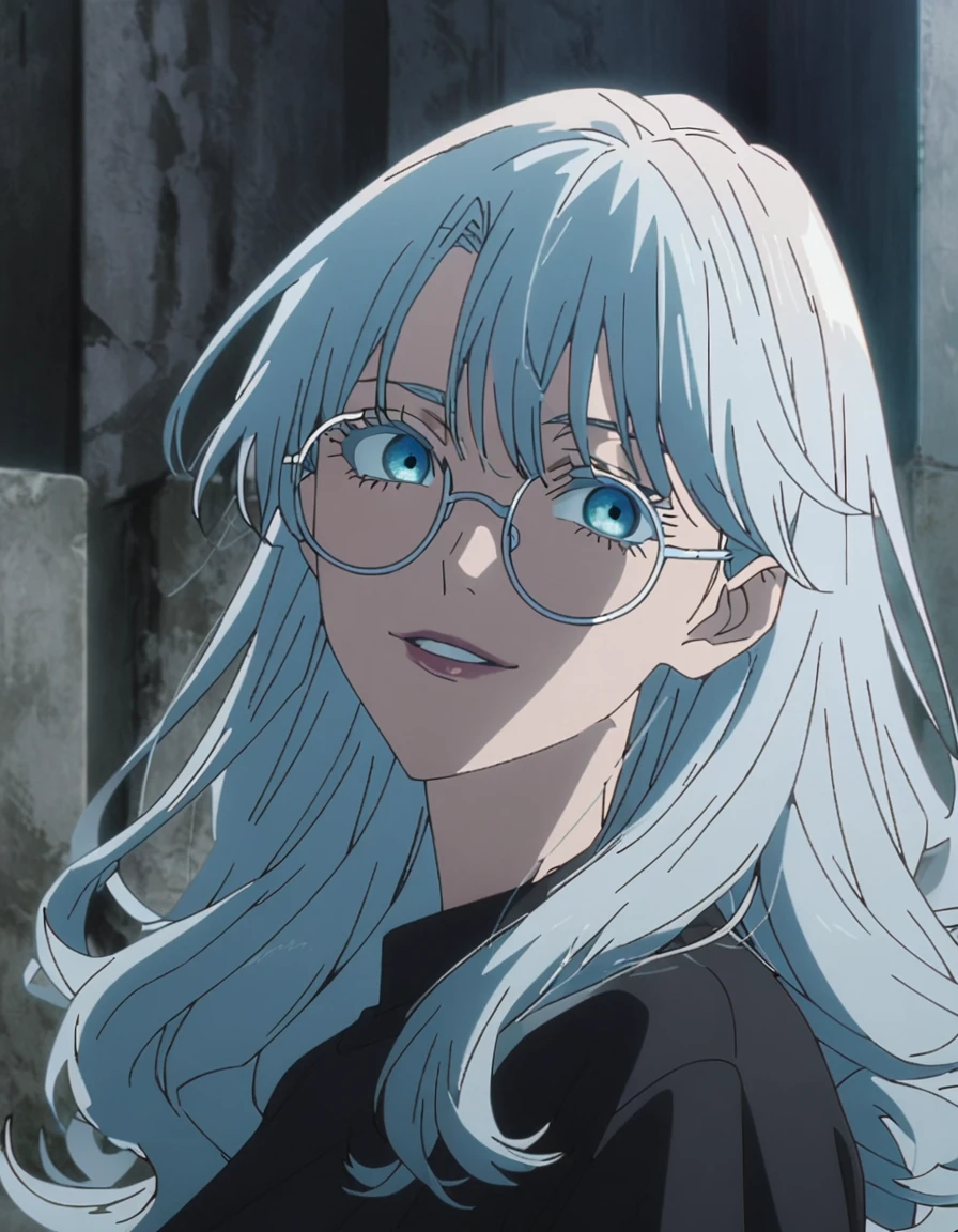 1girl, female gojo satoru, anime screencap from jujutsu kaisen, gojo satoru female version, solo, long_hair, round_eyewear, glasses, blue_eyes, white eyelashes, parted_lips, smiling, looking_at_viewer, side view, white_hair, bangs, eyelashes, face portrait, black_shirt, shirt, hair_between_eyes, floating hair, (curly hair)