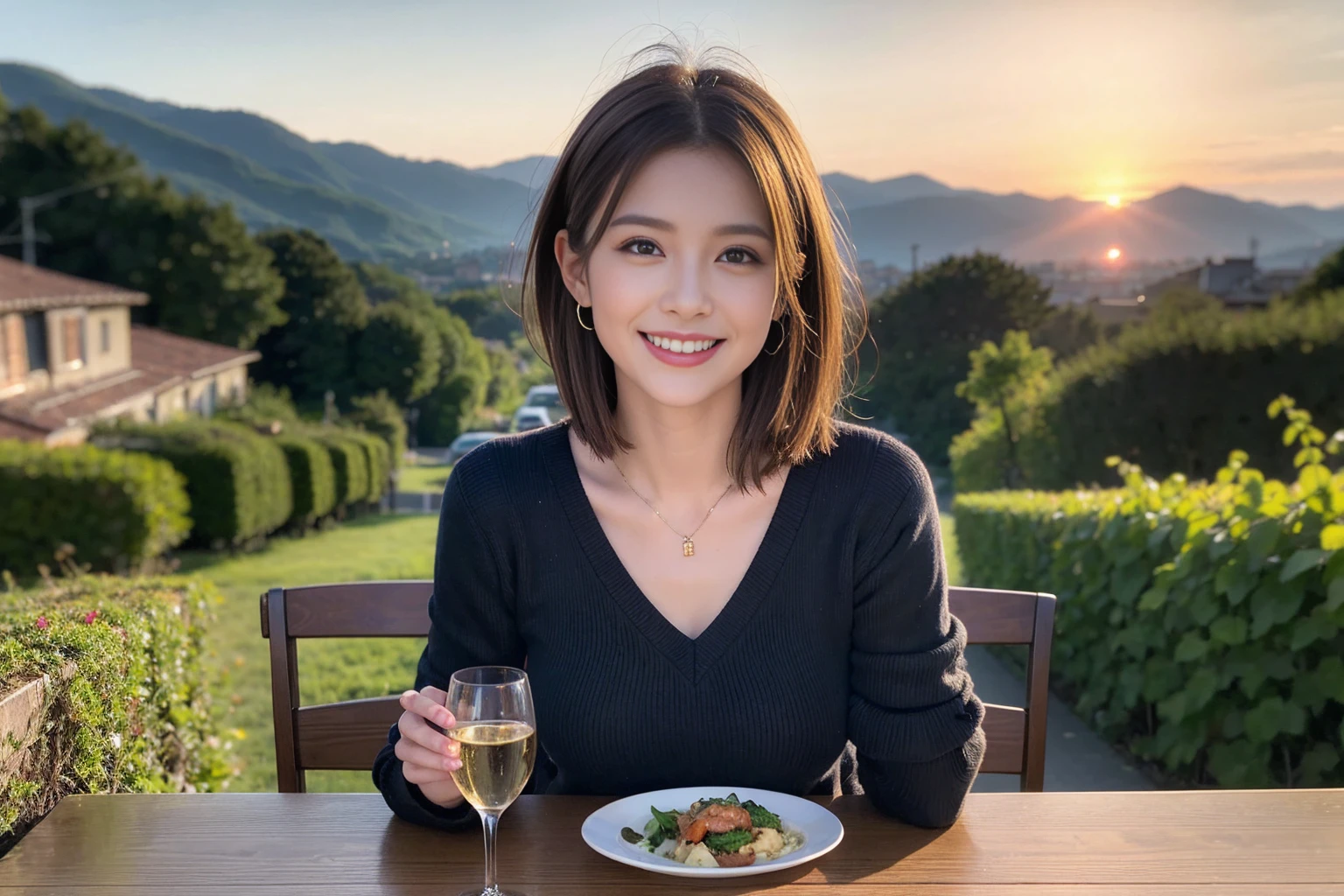(Realistic:1.1),(masterpiece,Highest quality),8k,(40 years old), 42 years old, slimカップル、Model Couple、Actress/Actor、Tight waist,Upper Body,full-course dinner、wine 、Amazing view of the sunset sky and clouds、Perfect Anatomy, Brown Hair, Short Hair,Random Hairstyles,((Highly detailed face and eyes:1.2))(cute顔:1.4),Beautiful actress face,Perfect golden ratio face,Long sleeve shirt、dress,(smile:1.2)、Shortcuts、cute、(Realistic, Intricate details:1.2), A bright smile、short hair,Bright Face、赤wine 、Appetizers、Italian food、wine bottle、Champagne、スパークリングwine、(slimな顔), (The body is slim), (Brown Hair), (Shortcuts), Upper Body, 白wine, slim, wineグラス,