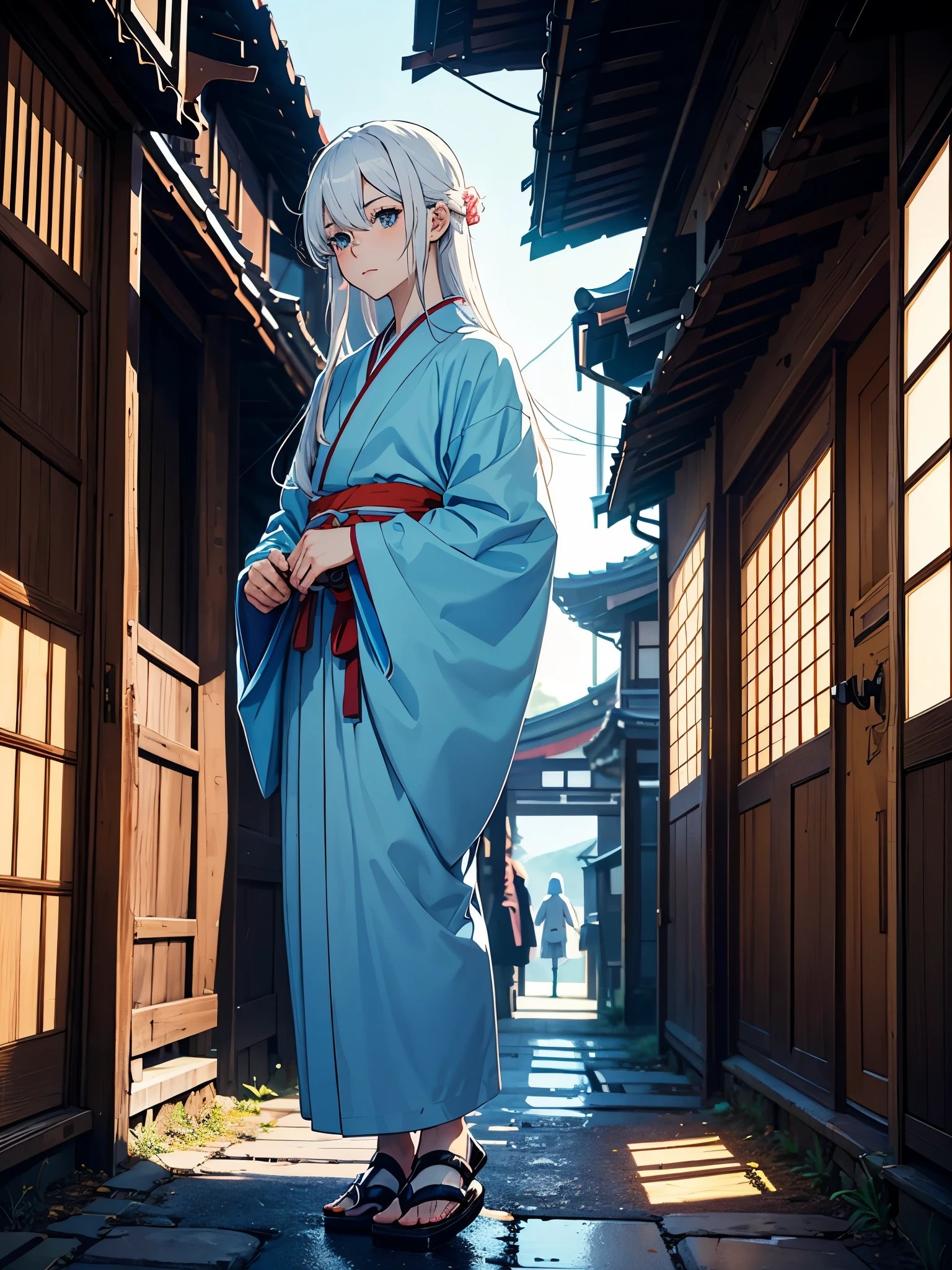 With rabbit. More anime. boy. tao. masculine. Boy. Long hair. White hair. Japanese Gate. Tori. kimono. . More anime. light blue light. Bright bright light.
