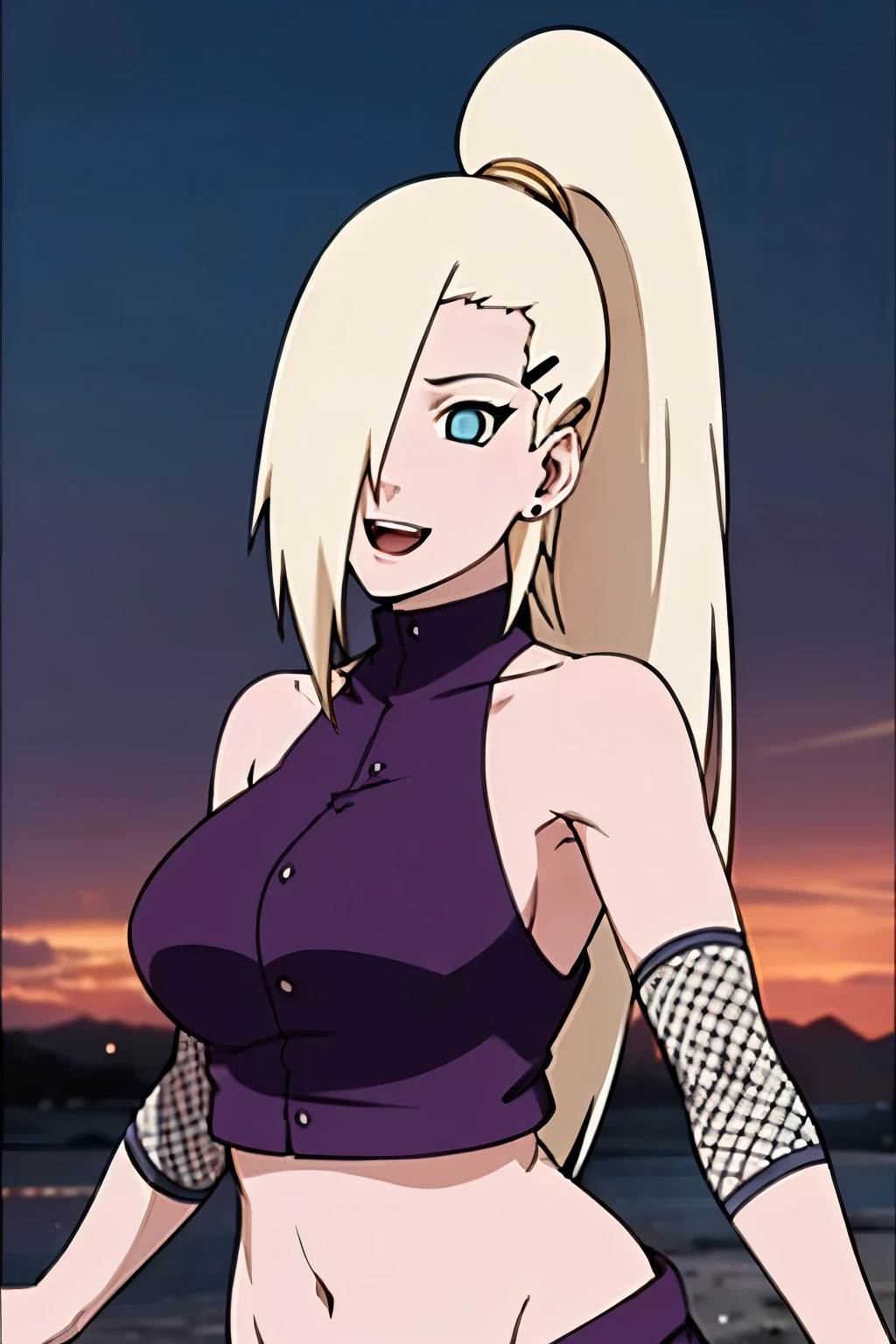 (Purple clothes), Ino yamanaka, ultra details, ultra detailed hair, looking at the viewer, gorgeous, attractive, groin, cowboy shot, ultra detailed face, (ultra detailed body:1.1), sunny day, day time, shiny skin, upper body view, anime style, solo, detailed flower field, blonde, (focus on face), ((one eye covered with hair, hair over eye, ponytail)), (medium breasts), belly button, looking at the viewer, thick arms, (off-shoulders, wide shoulders, curving body), hidden eye, smile, open mouth, very happy, tall, sharp look, sharp face, sharp eye, cold colors,