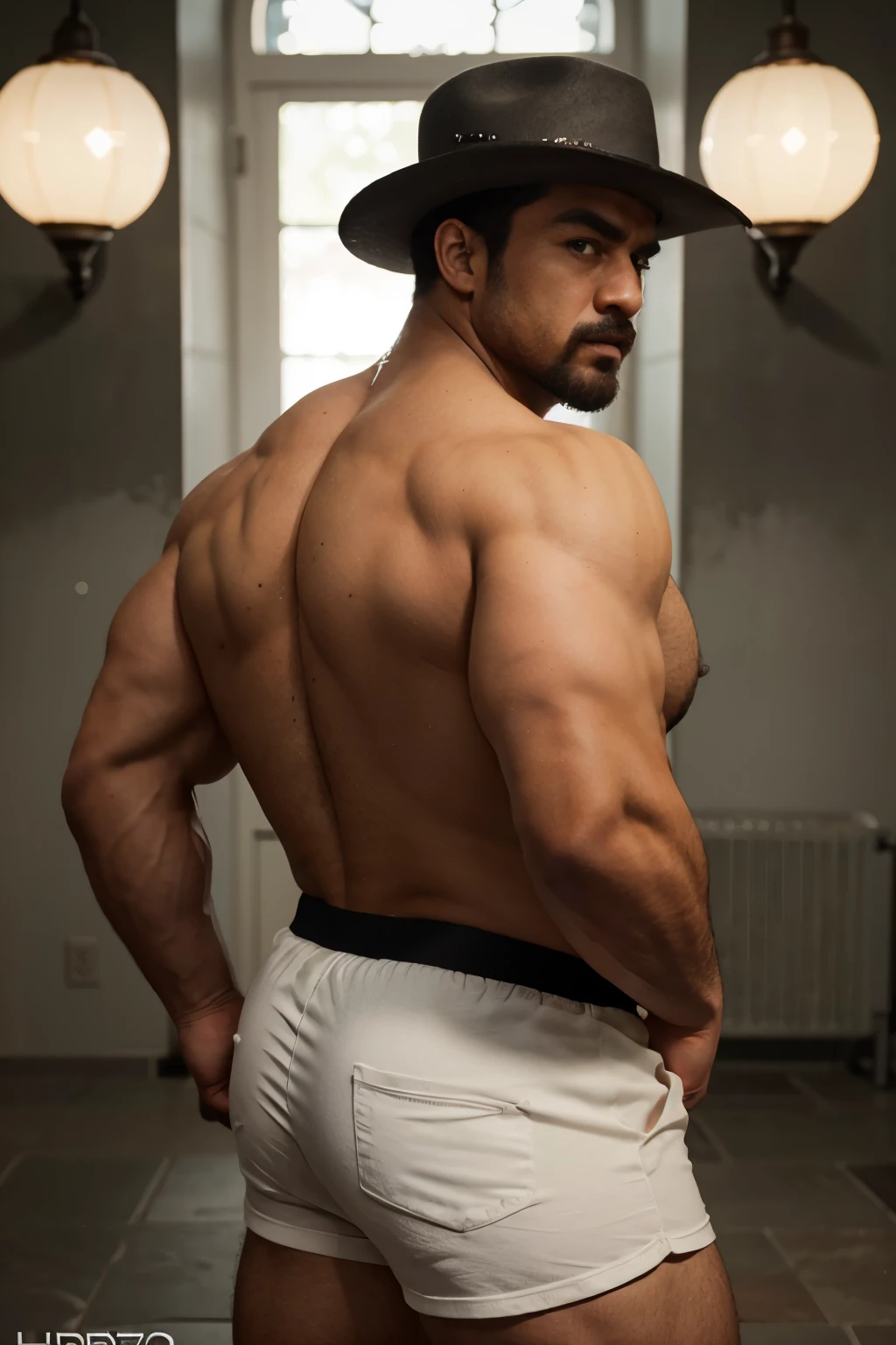 hulk photography, light cinematic heavyweight bodybuilder, 75 kg of complete muscle,  Bigote grueso y trozo chino barbudo, hombres muy guapo. perfect body proportion,, hypermuscular nalgon, realista,  cowboy with hat, black shirt, white shorts, backside, trasero inclinado