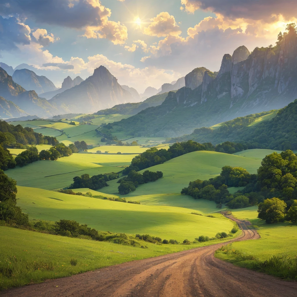beautiful fantasy landscape, old dirt road leading to a distant city, many horse-drawn carriages traveling along the road, rolling hills, lush green fields, sunlight filtering through the clouds, detailed foliage, dramatic lighting, cinematic composition, vibrant colors, photorealistic, 8k, (best quality,4k,8k,highres,masterpiece:1.2),ultra-detailed,(realistic,photorealistic,photo-realistic:1.37)