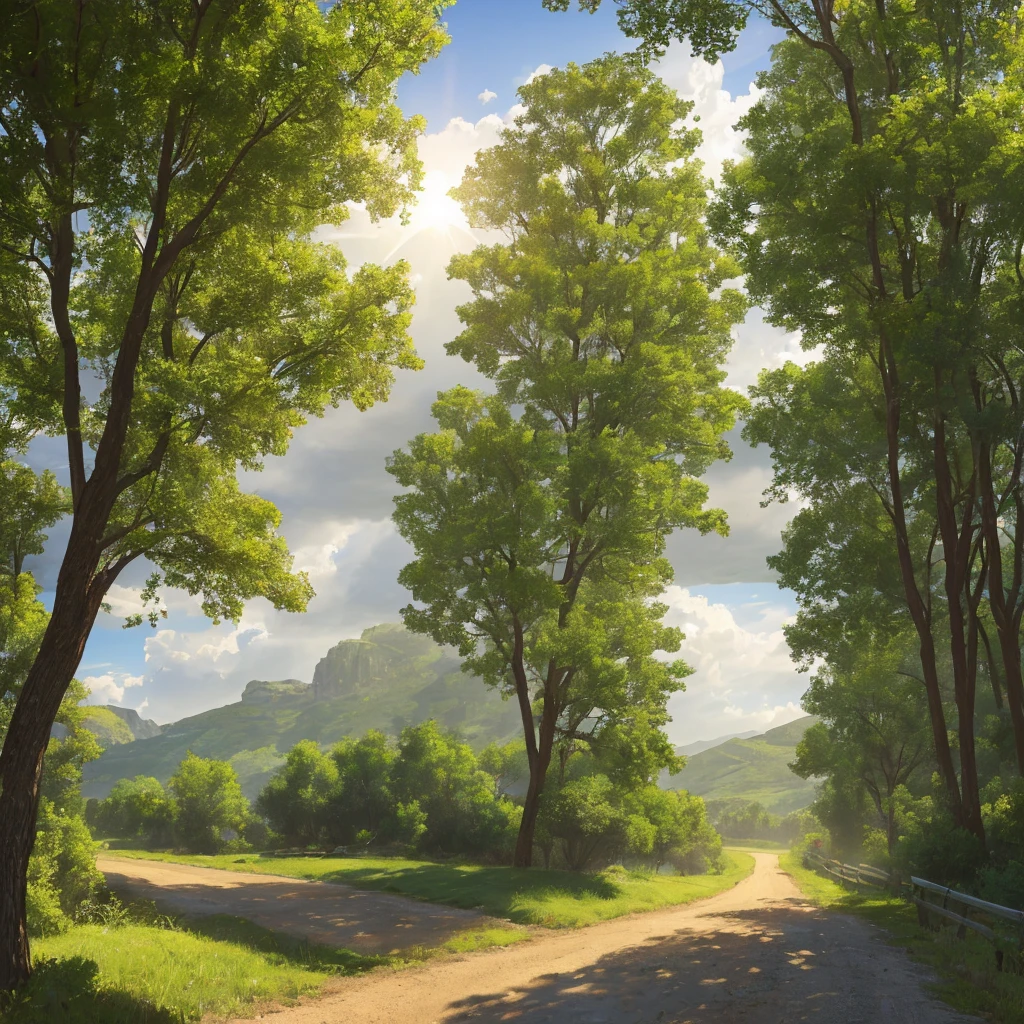beautiful fantasy landscape, old dirt road leading to a distant city, many horse-drawn carriages traveling along the road, rolling hills, lush green fields, sunlight filtering through the clouds, detailed foliage, dramatic lighting, cinematic composition, vibrant colors, photorealistic, 8k, (best quality,4k,8k,highres,masterpiece:1.2),ultra-detailed,(realistic,photorealistic,photo-realistic:1.37)