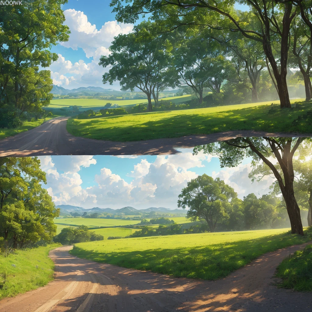 beautiful fantasy landscape, old dirt road leading to a distant city, many horse-drawn carriages traveling along the road, rolling hills, lush green fields, sunlight filtering through the clouds, detailed foliage, dramatic lighting, cinematic composition, vibrant colors, photorealistic, 8k, (best quality,4k,8k,highres,masterpiece:1.2),ultra-detailed,(realistic,photorealistic,photo-realistic:1.37)