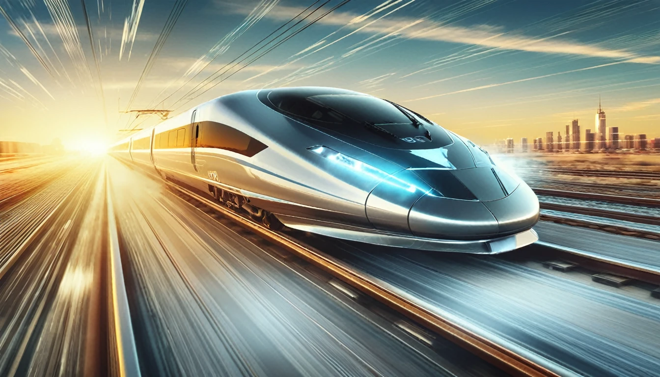 arafed train on a track with a city in the background, high speed trains, best on adobe stock, bullet train, supersonic trains and passengers, high speed, hyperspeed, high speed motion, transportation design render, fast, fast paced, streamlined, futuristic product car shot, future locomotive style, speed, by Kurt Roesch, amazing wallpaper, train
