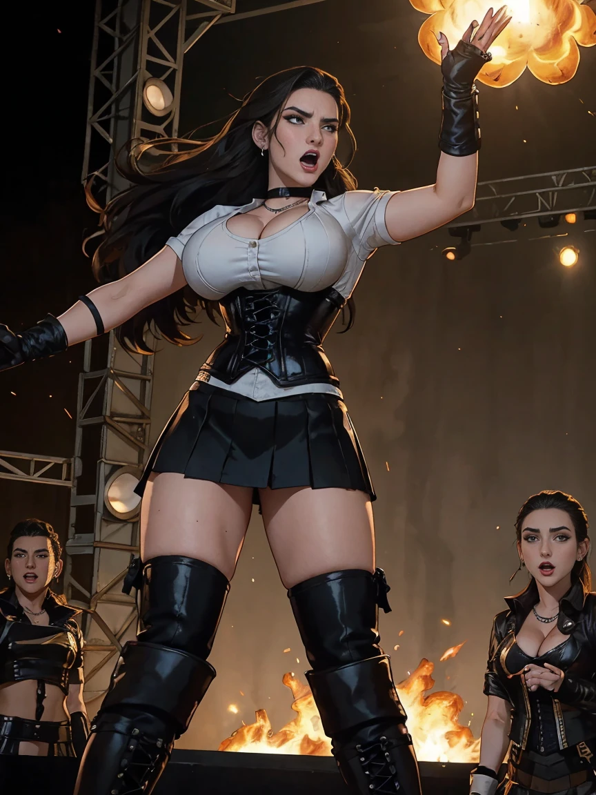 Extremely busty thin and toned brunette death metal singer, college girl, fair skin, big hair, hair pulled back, soft face, athletic, heavy makeup, piercings, black leather, studs, corset, boots, fingerless gloves, tight skirt, chains. standing on a stage, pyrotechnics, holding a microphone, metal concert. (microphone, fist in the sky), angry, rage, screaming. Heavy metal. Death metal. Explosions, fire.