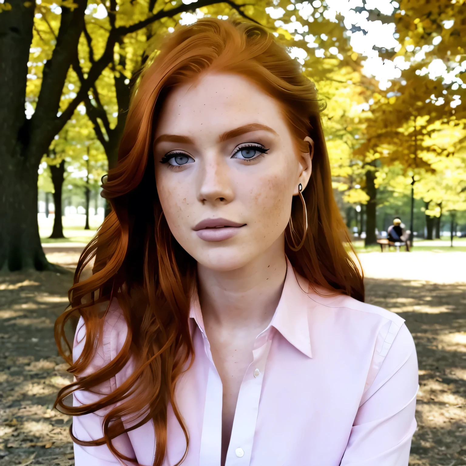 raw, portrait photo (23 year old redhead girl: 1.2), makeup, graphic eyeliner, blush, dress shirt, (choker: 0.7), realistic skin texture, light eyes (red: 0.8), soft core, warm lighting, cozy atmosphere, instagram style, work style, sit in the park (spring:1.1)