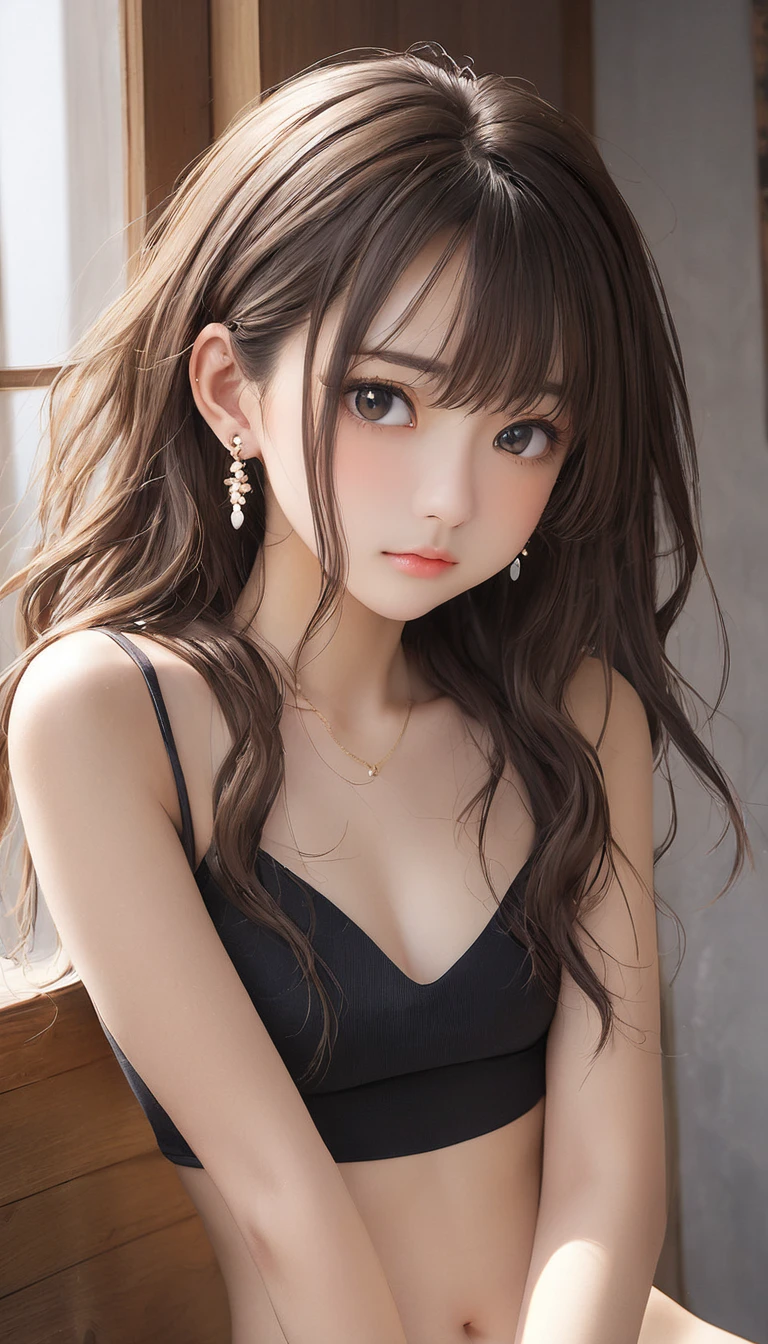 (masterpiece, Highest quality:1.2), One girl, alone,bony body、15 years old、kinky hair、Earrings