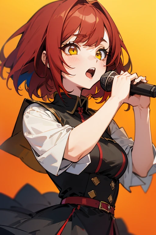 anime girl with short deep red hair, yellow eyes, singing at a concert, detailed eyes, ultra detailed, , high quality, vibrant colors,