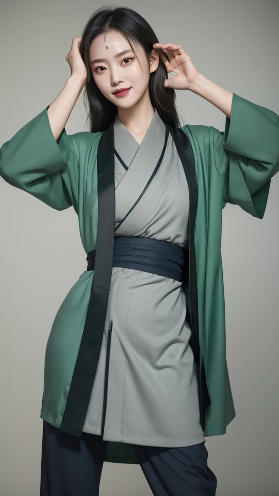 (masterpiece, best quality:1.2), solo, 1girl, tsunadedef, forehead mark, smile, looking at viewer, hand on hip, japanese clothes, green haori, grey kimono, sash, pants