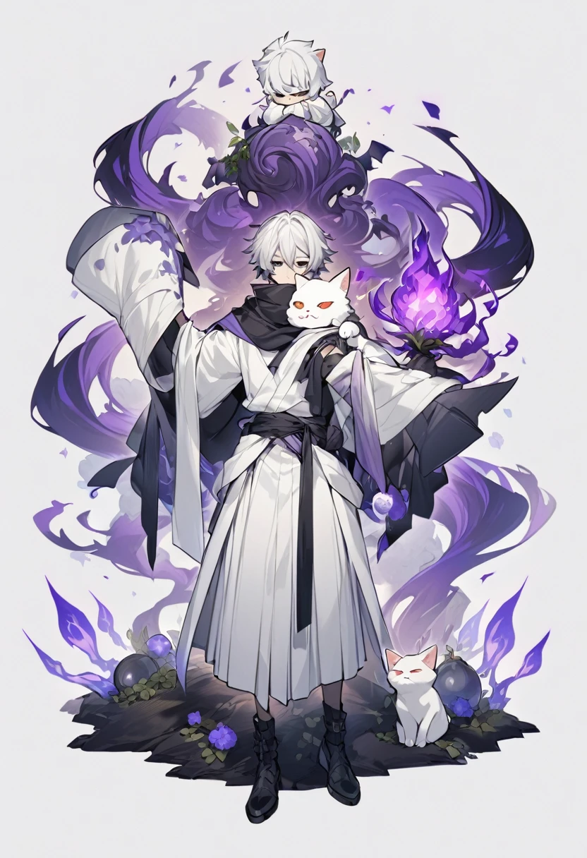 Shawm - 21 years old young man, which was destined for a greater doings. Shawm is a young man, around 21 years old, a sorcerer which is quite skilled in the magic of cursed purple flames. He's short, well built. Usually frowning face shows no sign of emotion, and his half-closed emotionless blank black eyes only consolidate that fact. Tousled white hair with a slight purple colour in it's roots brushed behind, with a small bunch
of it sticking up before his eyes. Usually he's dressed in a white shirt, white hakama and black runners. On the neck he wears black long scarf which covers his mouth, with two tips waving behind his back, and on the waist usually wrapped his black and white coloured jacket, wrapped by its sleeves around his body. On Shawm's shoulder should be seen a small white chibi cat - his name is Kazu, and it's his spiritual animal and a teacher, which helps him use his powers. Cursed flames gather around his figure in a small spiritual swirling balls.