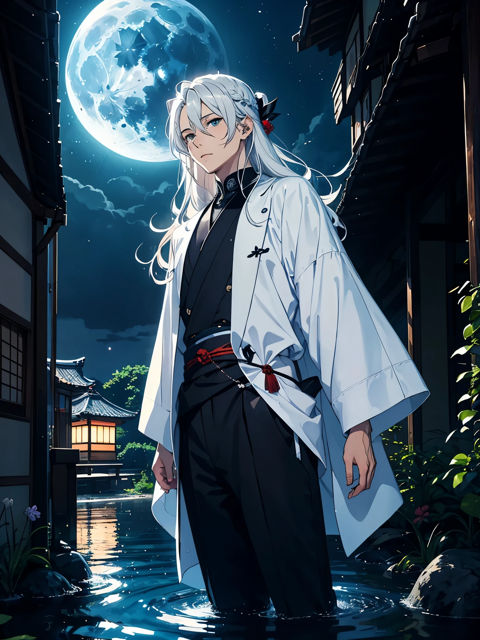 With black cat. Blauer Mond. Roter Kimono. Rote Blumen. Japanisches Tor. Tori. Blue wolf. Kimono. . More anime. light blue light. Bright bright light. male. Long hair. long white hair. aquatic, boy, God of the Moon, silver hair accessories, White hair. 