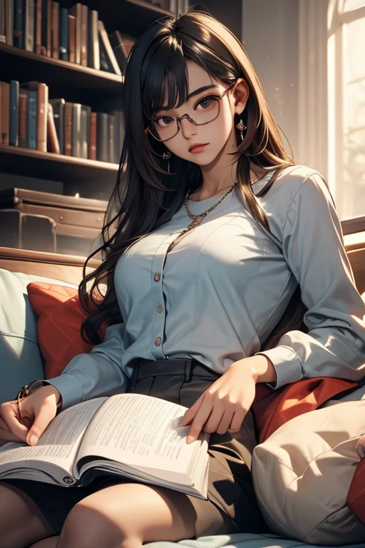 Highest quality、masterpiece、High sensitivity、High resolution、Detailed Description、Slender women、Glasses、Summer clothes、Sit down、Cross your legs、