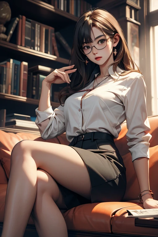 Highest quality、masterpiece、High sensitivity、High resolution、Detailed Description、Slender women、Glasses、Sitting on the sofa、In the middle of the game、