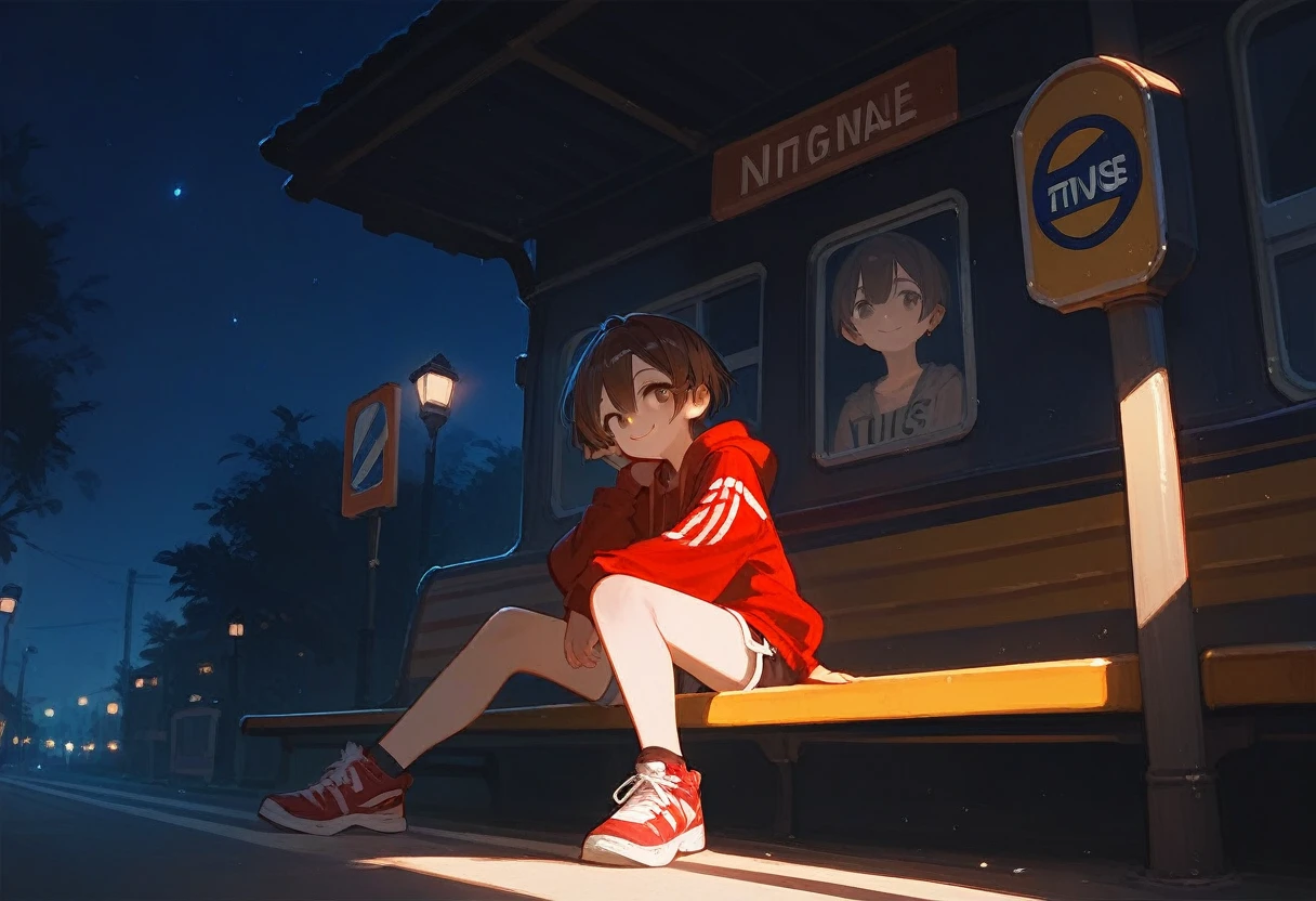anime girl, brown hair, red hoodie, short hair, shorts, sneakers, sitting down, night time, dramatic lighting, bus stop, smiling, eye level,