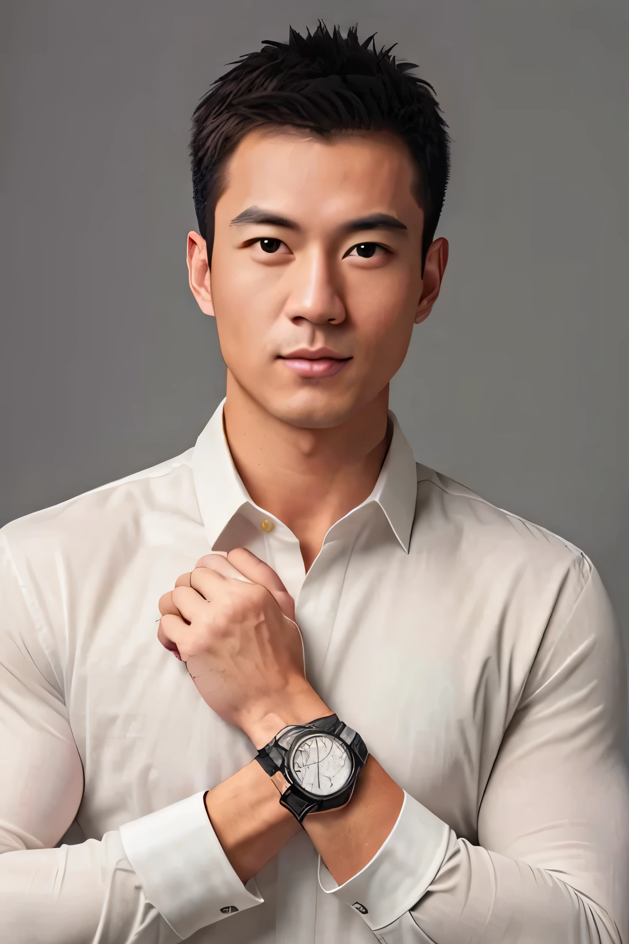 1man,
 a 30 y.o muscular male wearing long-sleeve white shirt and tie, with a watch, upper body, 
in camera studio with 3 flash, soft lighting, 
masterpiece, best quality, 8k uhd, dslr, film grain, Fujifilm XT3 photorealistic painting art by midjourney and greg rutkowski