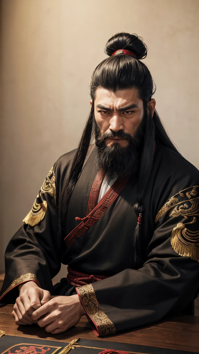 oriental、man in ancient chinese clothes、ancient chinese hairstyle man、three kingdom、multiple warlords、highest quality、masterpiece、ultra high resolution、(realistic:1.4)、game poster、Clear and beautiful image quality、Black clothes、long beard、Embroidered cloth wrapped in a topknot、no background、angry face、desk in front of me
