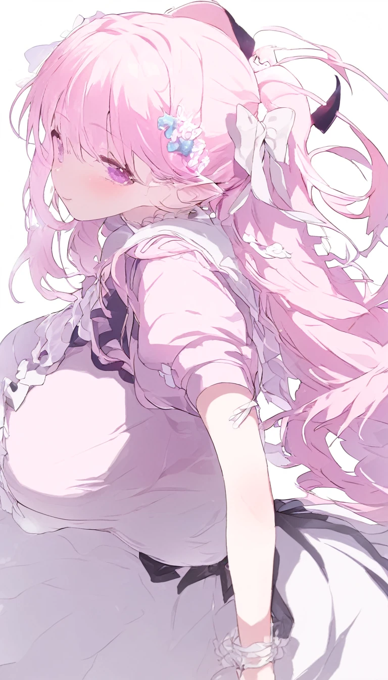 1 22-year-old girl, Pink Hair, Long double ponytail, Pink shirt, Fluffy collar, White fluffy skirt, White ribbon on hair, Lots of hair accessories, Lolita,(Huge breasts:1.8)