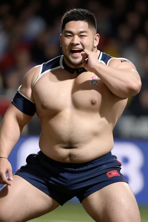 ((highest quality)), ((masterpiece)), (detailed), ((Perfect Face)), 4k, Shaved head, Young Japanese, Muscular, Fat body, Very big man, smile, ((showing off crotch)) A large Japanese man shirtless、whole body、Rugby player、Thick legs、Thick arm muscles、Intimidating、whole body、wearing a very tight and very short black-shorts, (shirtless)、((At the rugby field)), Legs open, haka dance,