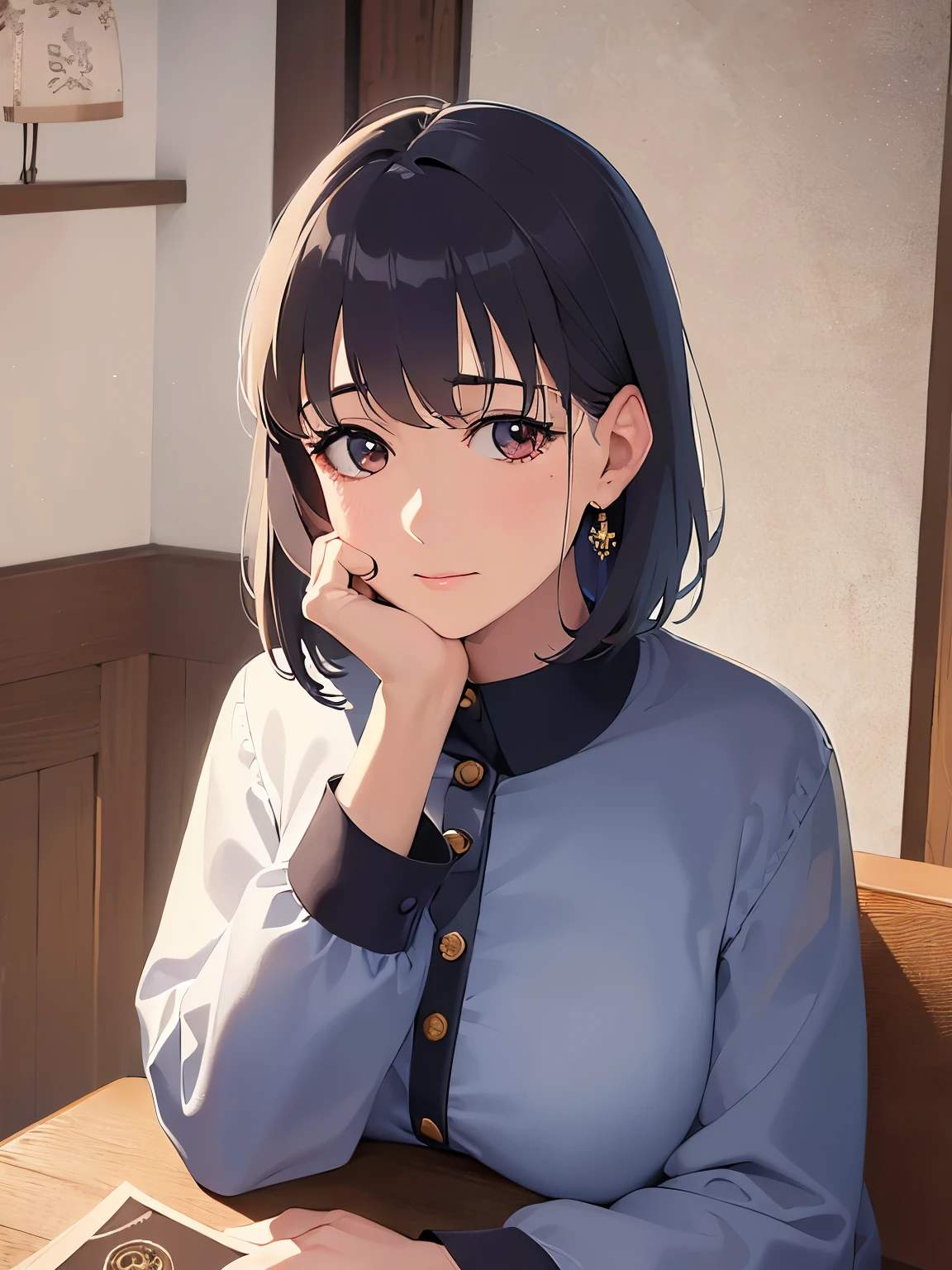 Realistic, real person, RAW photo, photorealistic, portrait photography, shiny skin, japanese idol、 Black Hair、Medium hair with bangs、(orenge eyes:1.2), (60 year old grandmother:2)、 Wearing grey long sleeves、worried, Are standing, Dining background、Alone、Hands on cheeks